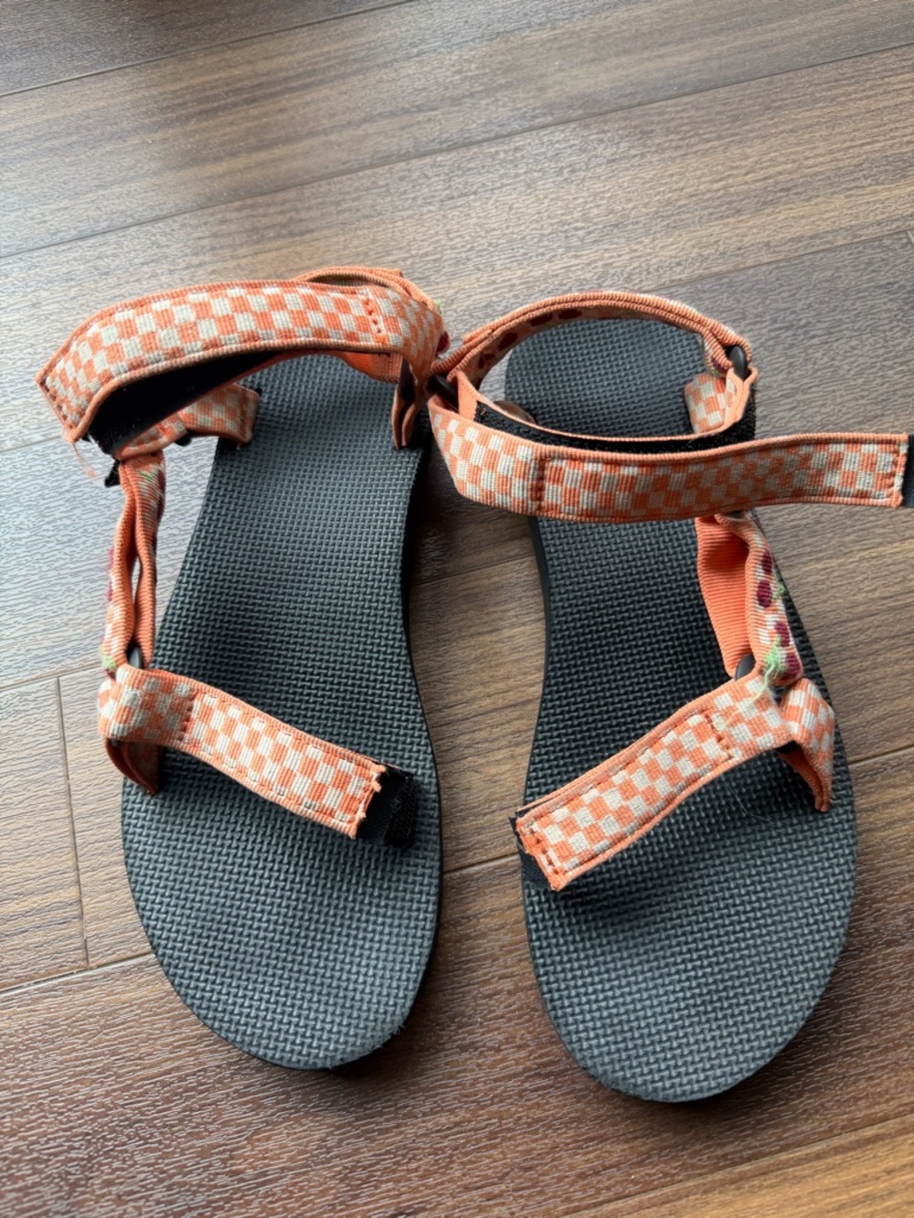 Teva Women's Orange Check Strap Sandals with Black Footbed